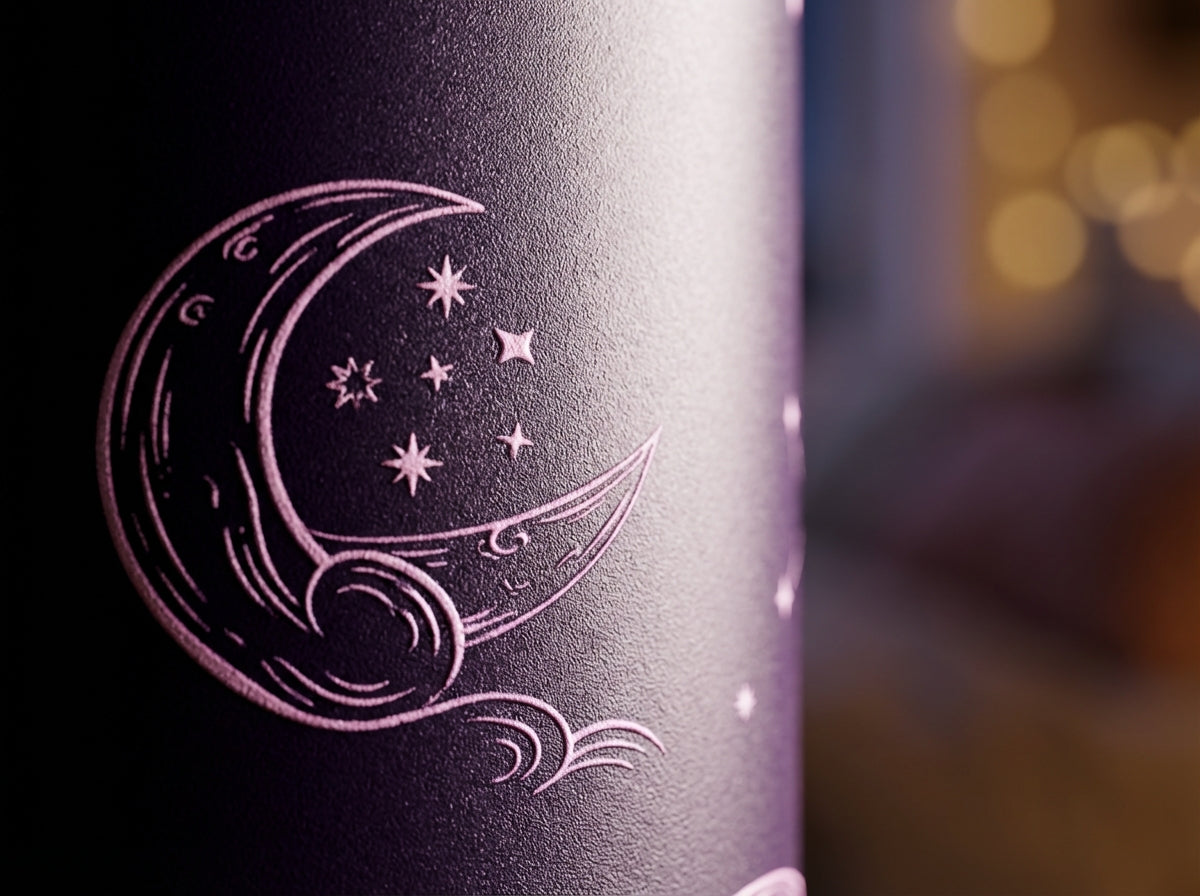 Detail shot - 34oz black and purple insulated water bottle featuring a celestial pattern of moons, clouds, and stars.