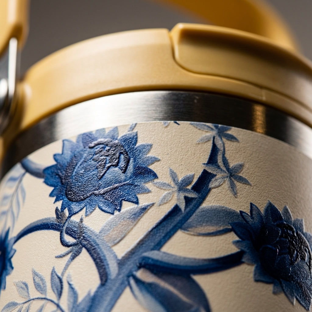 Detail shot - LAMOSE Cascade 40 oz tumbler in beige with blue and white Chinoiserie floral pattern, climbing vines, and bird motifs, featuring a muted yellow handle and lid.