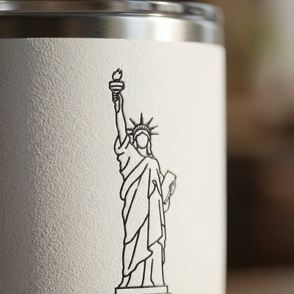 Detail shot - White Peyto 16 oz travel tumbler featuring black line art engravings of global cityscapes, the Statue of Liberty, and Asian pagodas against a matte finish.