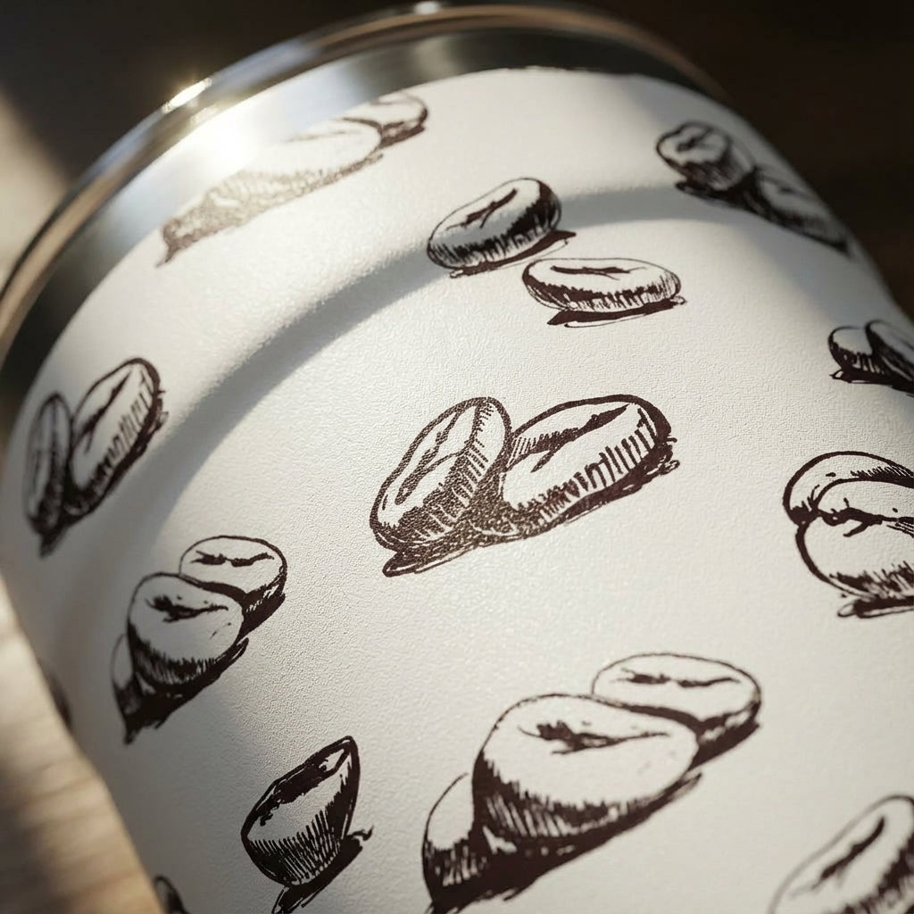 Detail shot - White 16oz insulated travel cup featuring a black hand-drawn coffee bean and mug pattern with stainless steel lid on a wooden table.
