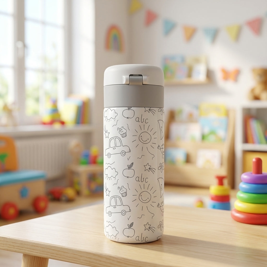 LAMOSE Emerald 12 oz insulated tumbler in white featuring black sketch-style drawings of cars, smiling suns, apples, and ABC letters.