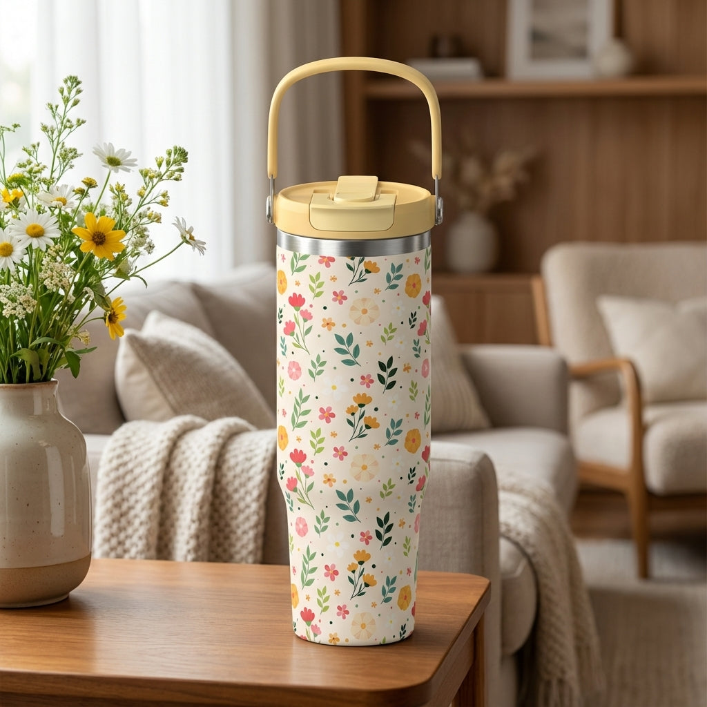 Close up of 40oz cream tumbler with pink and yellow floral pattern and yellow handle sitting on wooden surface.