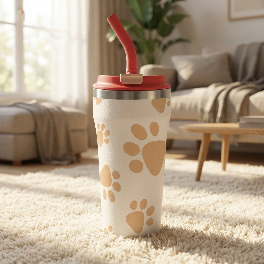 Off-white 16oz insulated tumbler featuring a pattern of tan paw prints, a silver rim, and a vibrant red lid with matching straw.