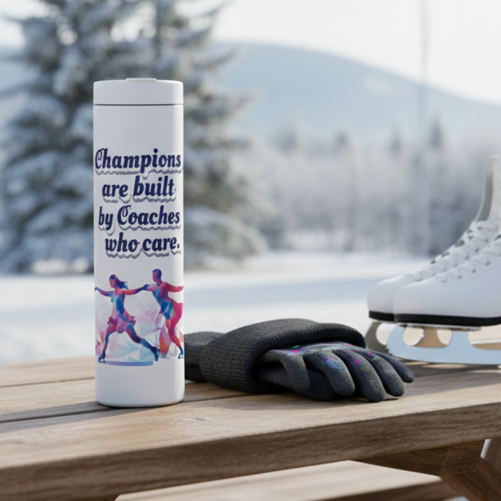 White LAMOSE Grouse tumbler featuring geometric ice skater illustration and inspirational quote for skating coaches, set against a winter backdrop.