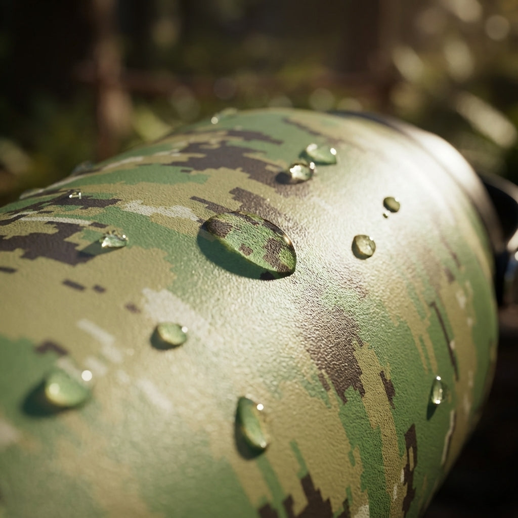 Detail shot - LAMOSE Grouse 34 oz insulated bottle featuring a green and brown pixelated digital camouflage pattern, resting on a natural surface.