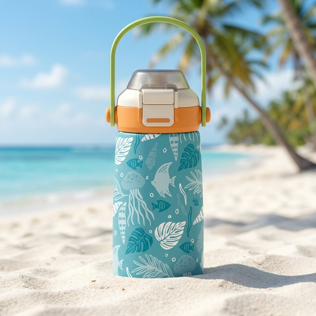 Light blue LAMOSE Goose 14 oz water bottle featuring teal and white sea life illustrations, a cream and orange lid, and a bright green handle.