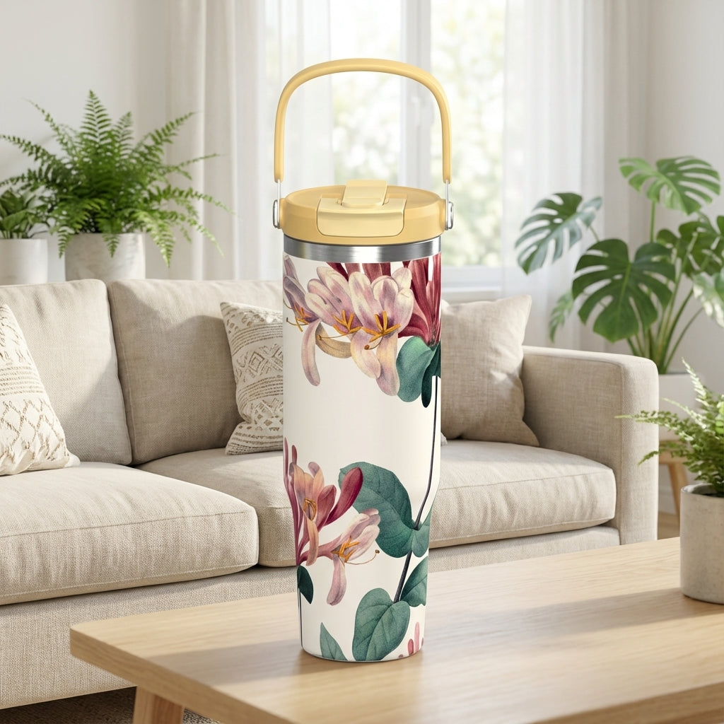LAMOSE Cascade 40 oz tumbler in off-white featuring pink and cream honeysuckle floral pattern with a light yellow handle and lid sitting on a wooden table.