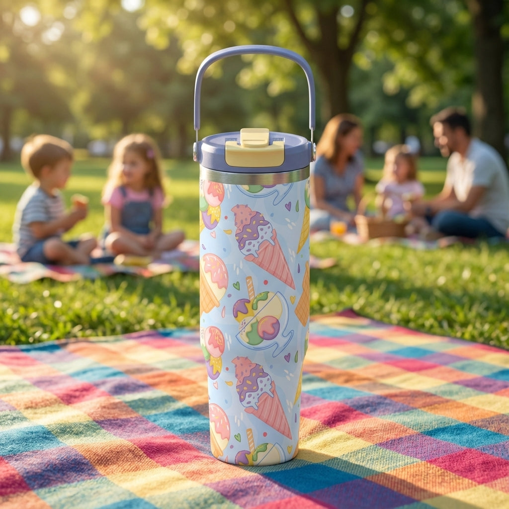 LAMOSE Cascade 40 oz tumbler featuring a light blue background with colorful ice cream cones and sundaes pattern sitting on a picnic blanket.