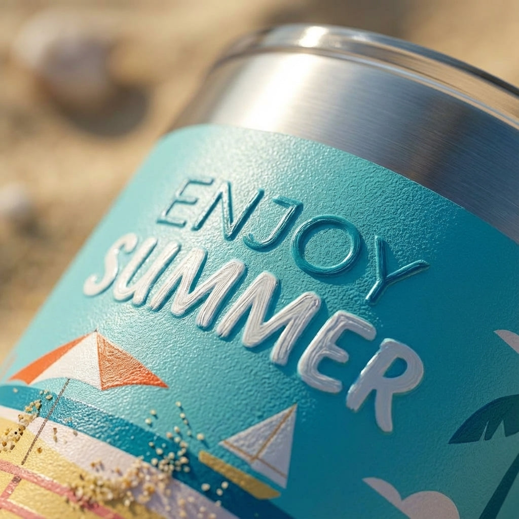 Detail shot - Light blue Peyto 16 oz travel cup featuring a 5D printed beach scene with palm trees, sailboats, and 'Enjoy Summer' typography.
