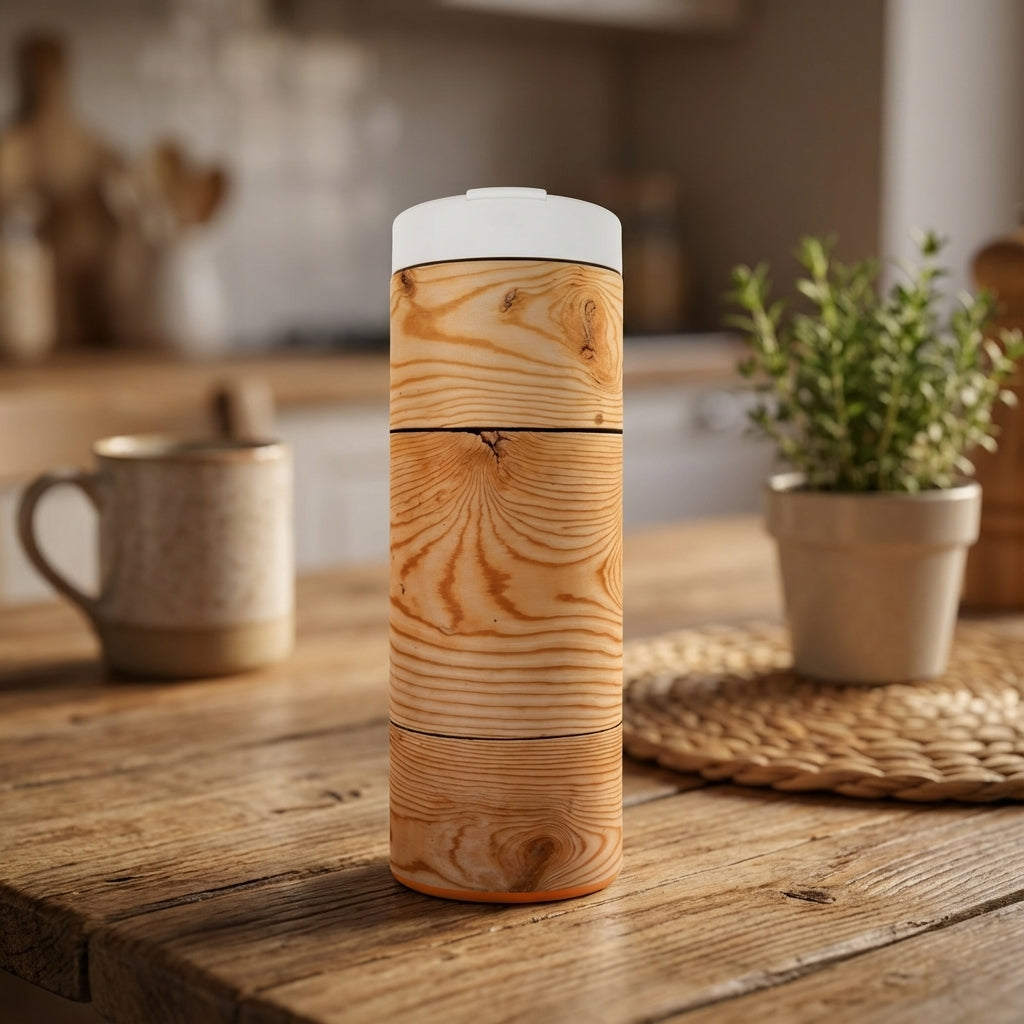 Close up of Grouse 16 oz tumbler featuring a realistic stacked wood plank pattern with natural grain, knots, and an orange base rim.