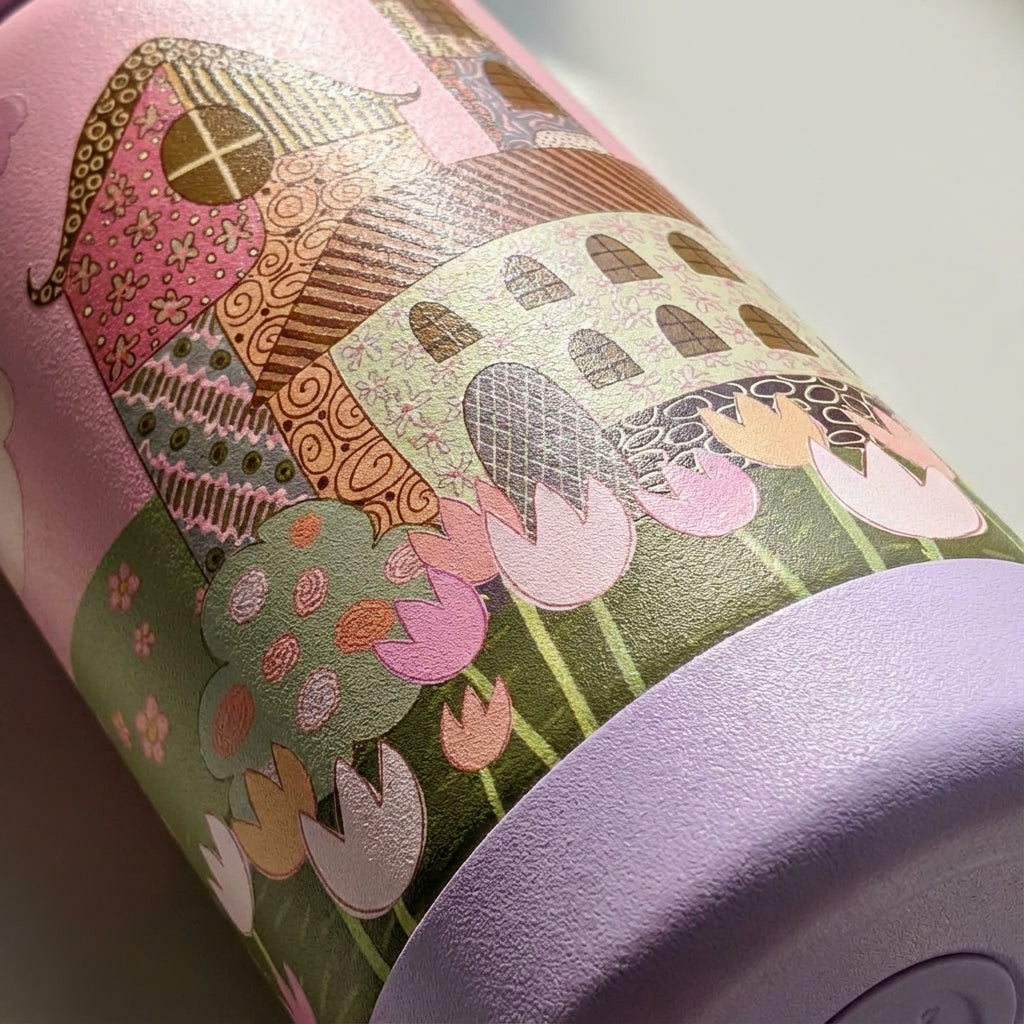 Detail shot - Pink LAMOSE Goose 14 oz kids water bottle featuring a whimsical fairytale house illustration resting on a wooden garden table surrounded by flowers.