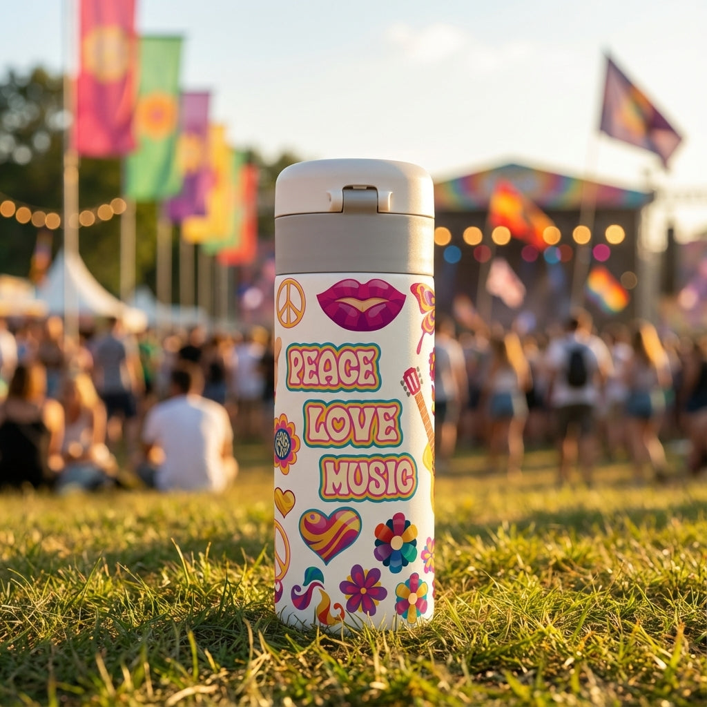 White 12oz compact travel tumbler featuring colorful 1960s hippie illustrations including peace signs, guitars, and flowers with a spill-proof gray flip lid.