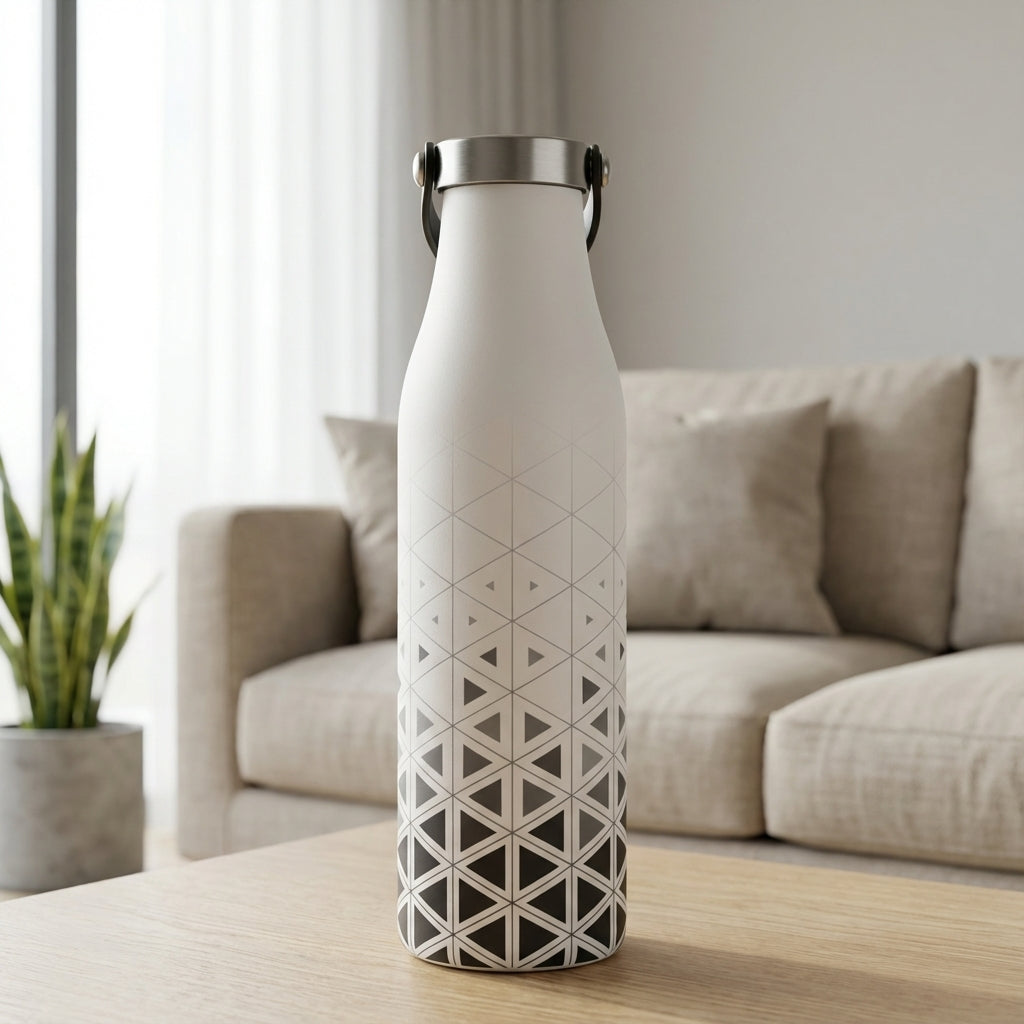 Robson 21 oz white insulated water bottle featuring a black geometric triangle gradient pattern fading from the base, placed on a light wooden surface.