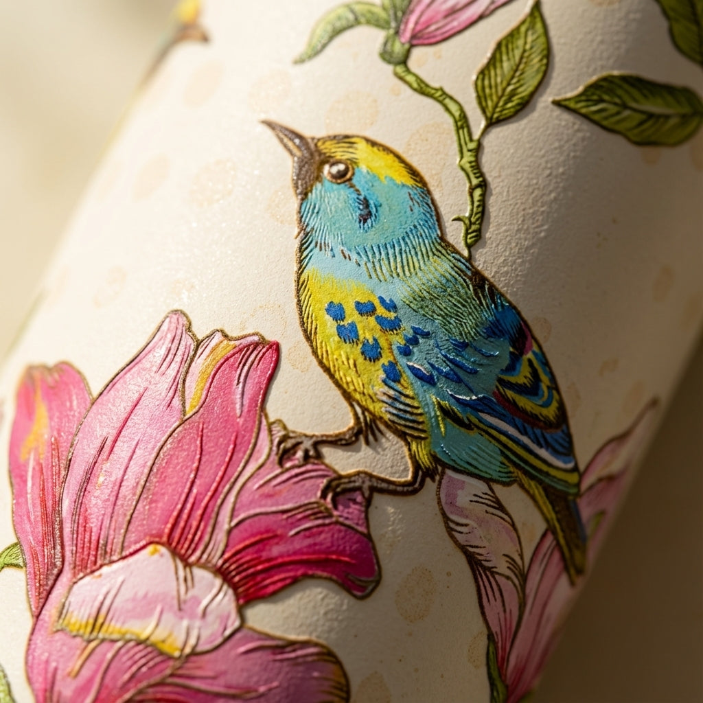 Detail shot - LAMOSE Cascade 40 oz tumbler in beige featuring a pink floral and colorful bird pattern with a yellow lid and handle