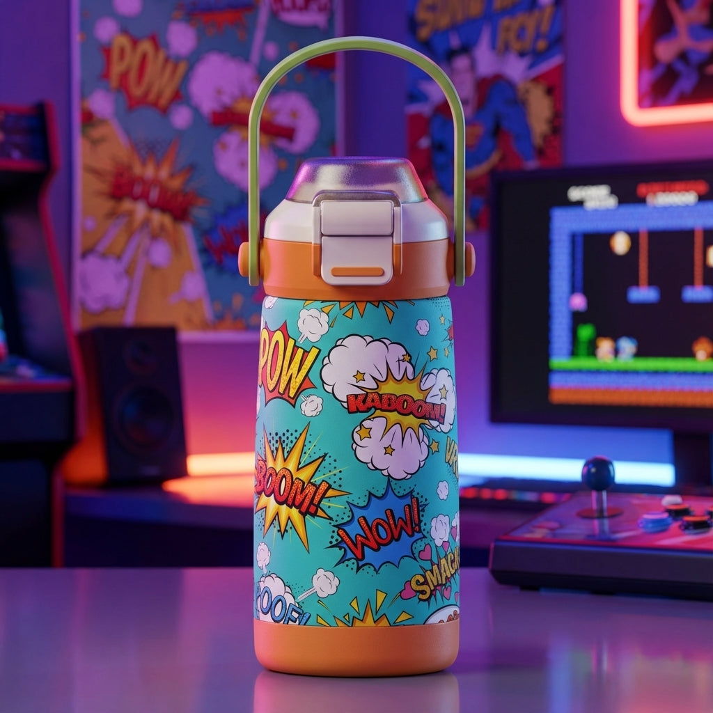 LAMOSE Goose 14oz kids water bottle with teal background and comic book action words like POW and KABOOM in pop art style.