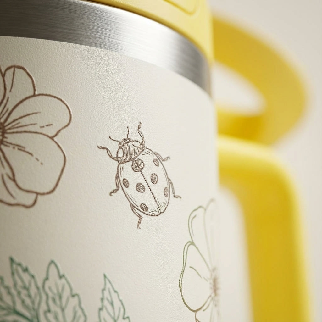 Detail shot - LAMOSE Cascade 40oz tumbler in off-white featuring artistic outlines of flowers, butterflies, and ladybugs with a bright yellow handle and lid sitting on a wooden table.