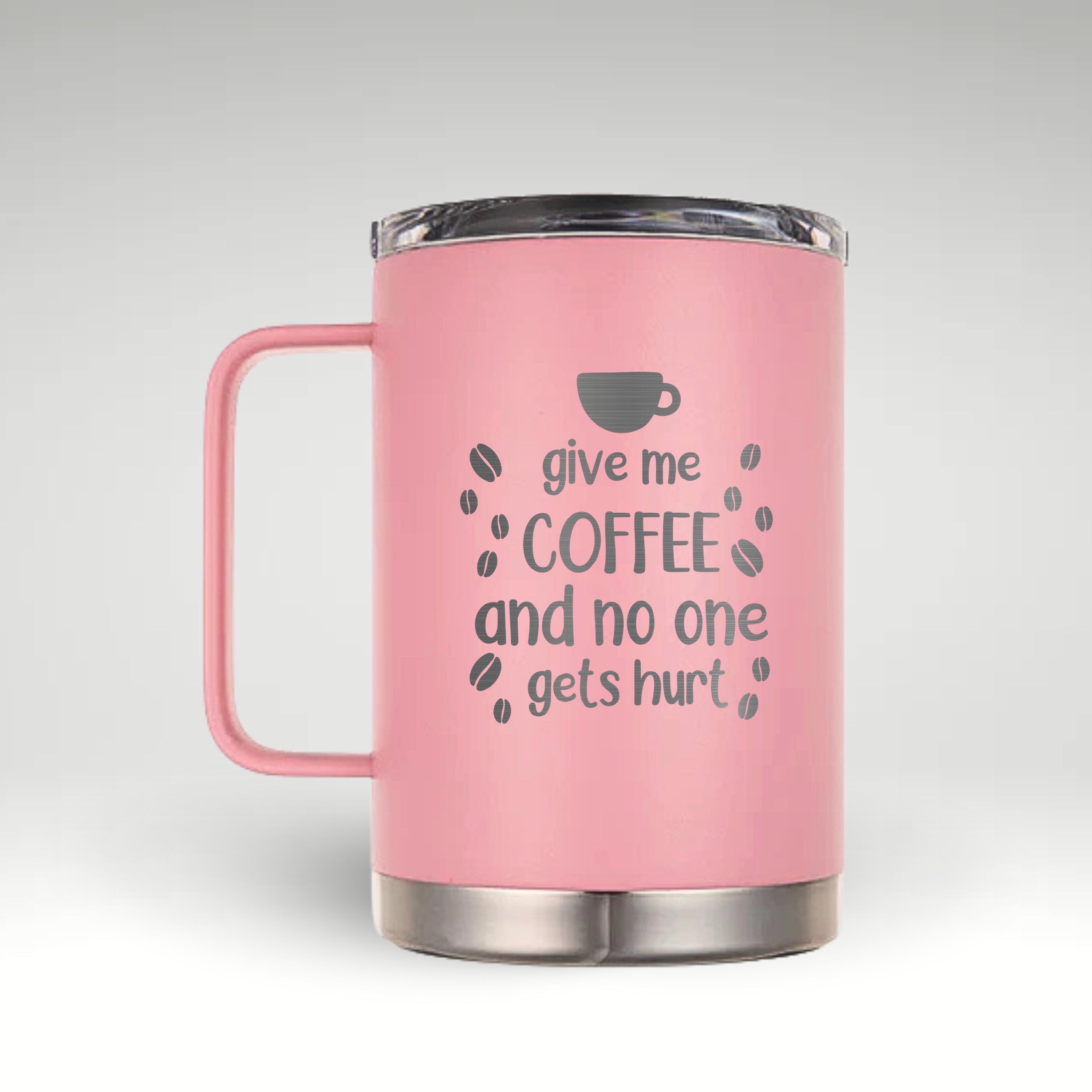 Give Me Coffee Insulated Mug - Stay Hot, Stay Humorous Insulated mug with Give Me Coffee and No One Gets Hurt humorous design, featuring coffee cup and beans. #color_pink