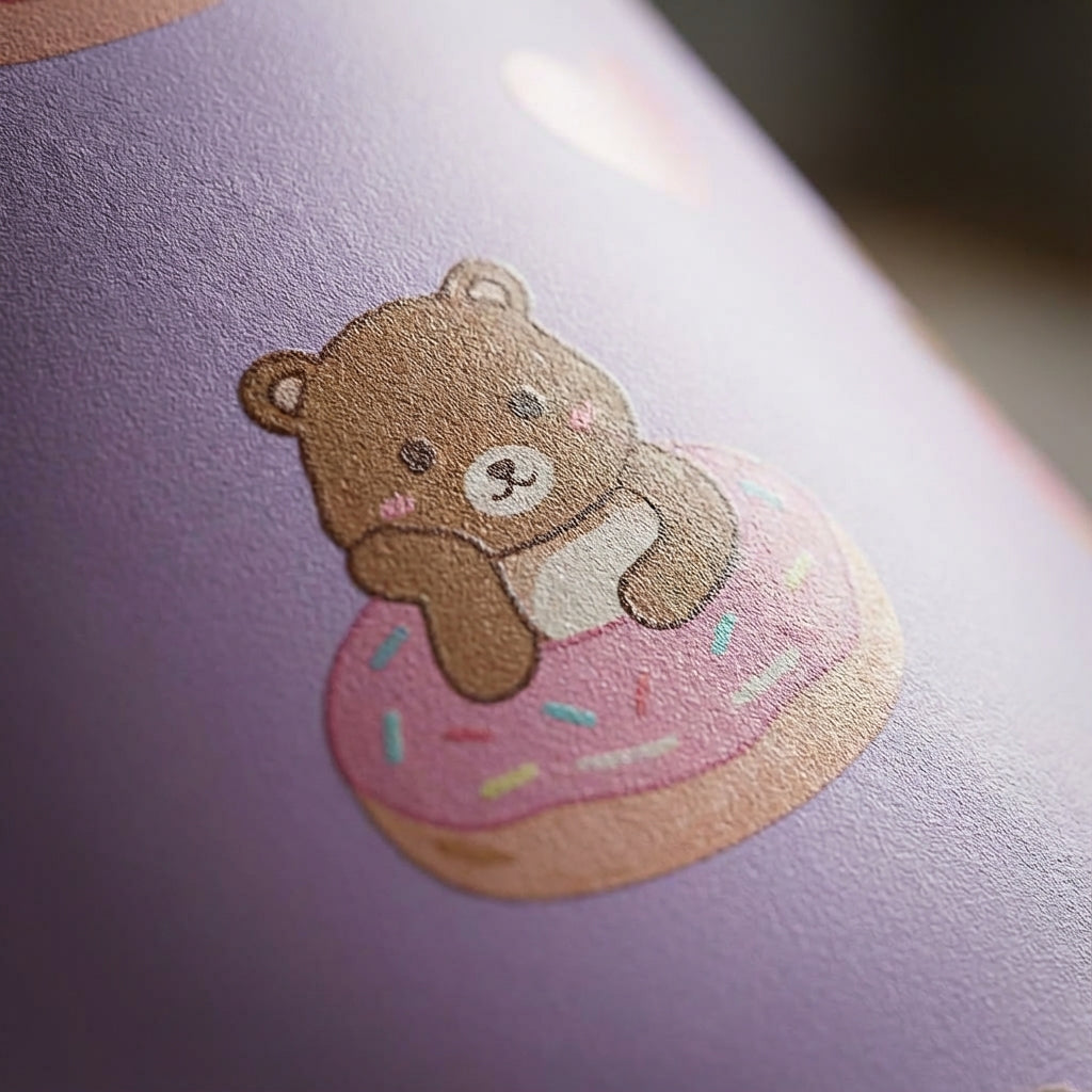 Detail shot - LAMOSE Goose 14 oz kids water bottle in light purple featuring a pattern of teddy bears sitting in pink donuts and hearts.