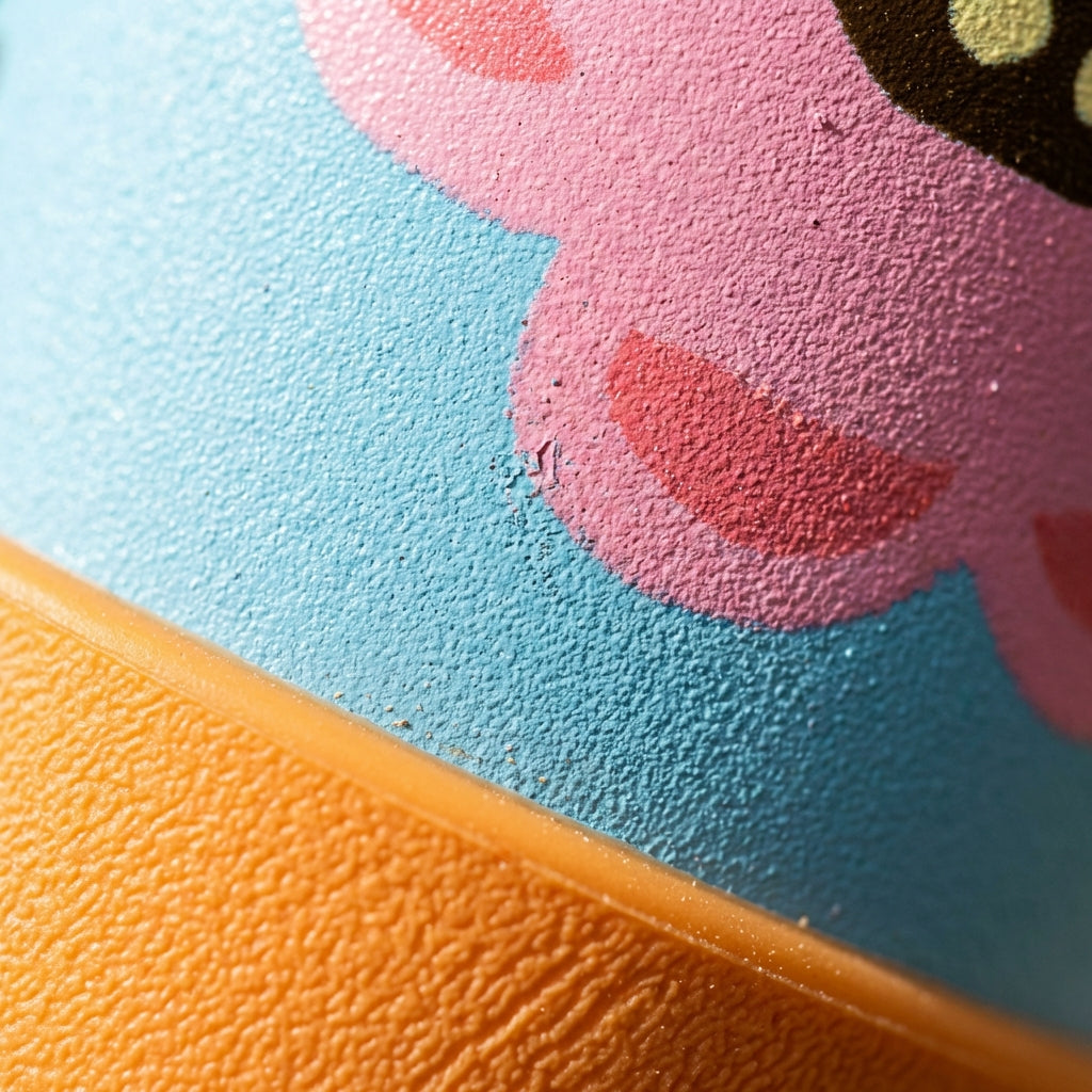Detail shot - LAMOSE Goose 14 oz kids water bottle featuring a vibrant floral pattern on light blue with an orange silicone boot on a wooden table.