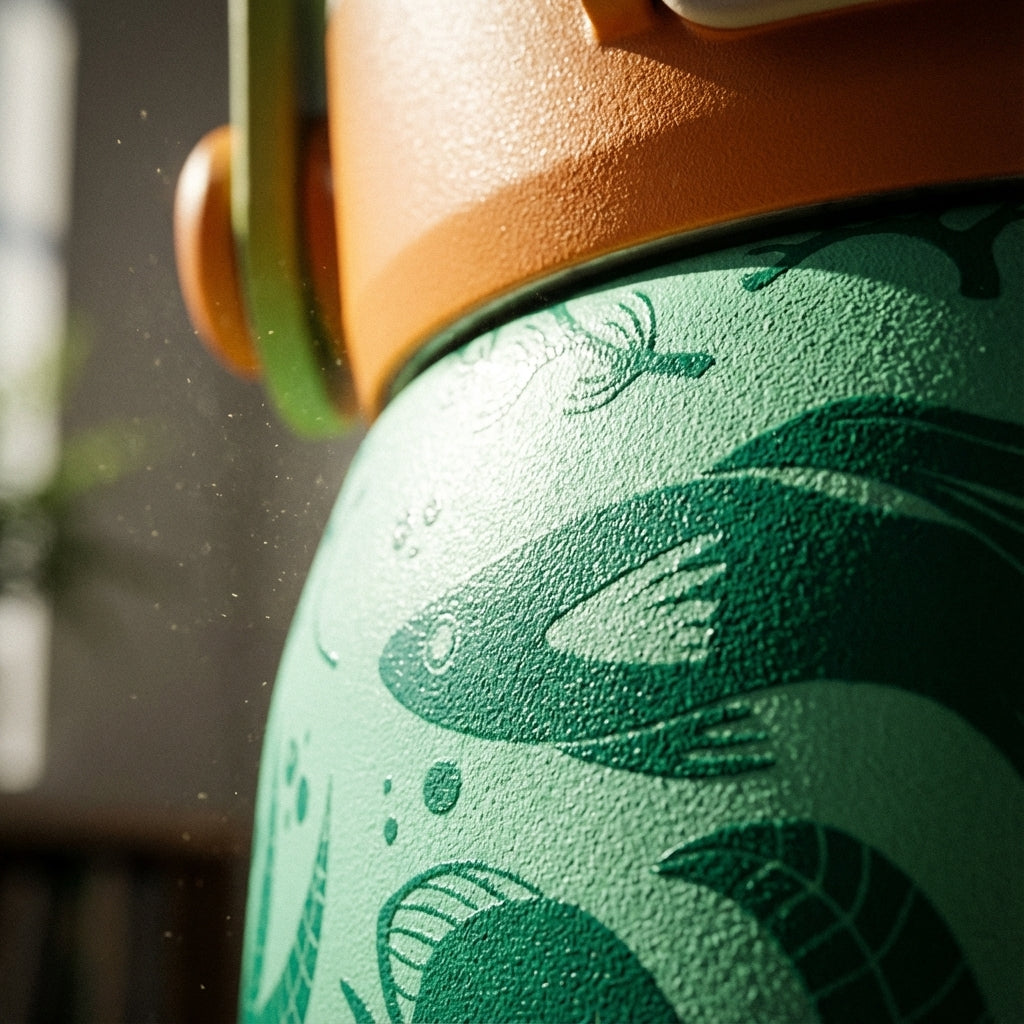 Detail shot - Goose 14 oz kids water bottle featuring a green underwater fish and coral pattern with orange accents and a handle