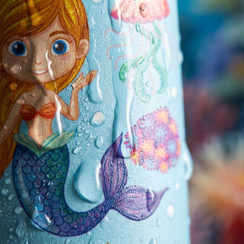 Detail shot - LAMOSE Goose 14oz kids water bottle featuring a playful pattern of cartoon mermaids, jellyfish, and coral on a blue background with orange and green accents.
