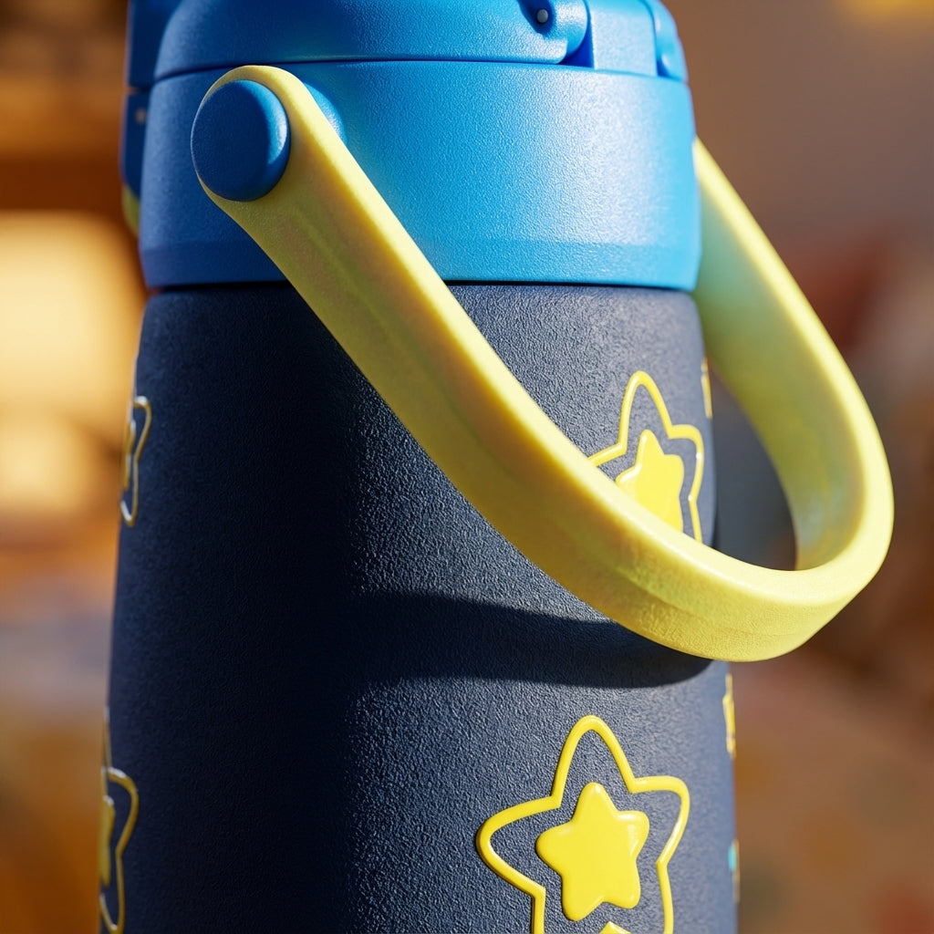 Detail shot - LAMOSE Goose 14oz kids water bottle in navy blue featuring a yellow and blue star pattern, sitting on a bedside table.