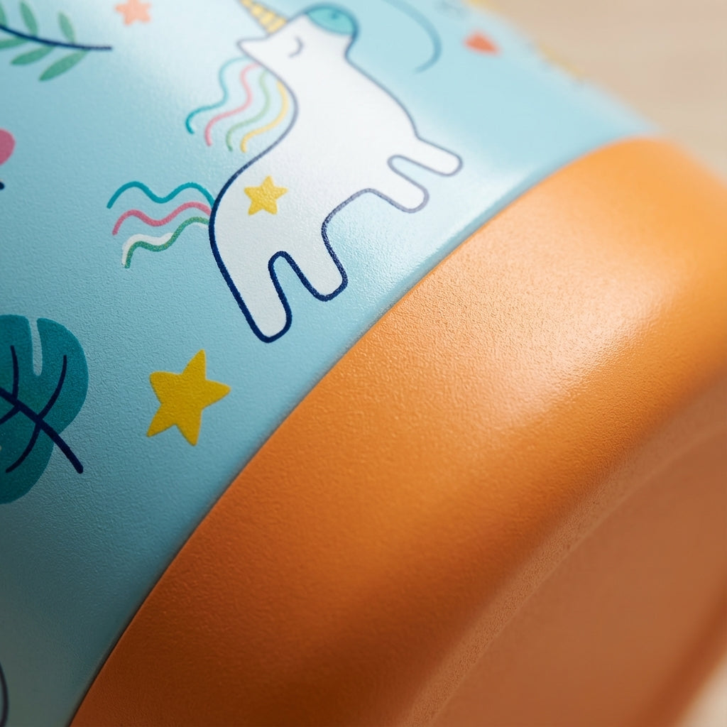 Detail shot - LAMOSE Goose 14oz kids water bottle featuring a light blue body with colorful cartoons of unicorns, dinosaurs, rainbows and space elements, orange base and green handle.