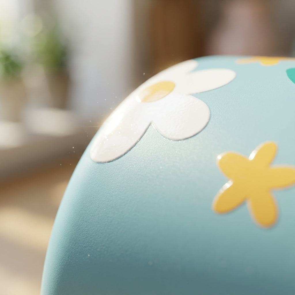 Detail shot - LAMOSE Grouse 12 oz insulated tumbler in light blue featuring a pattern of white daisies with yellow centers, green leaves, and stars.