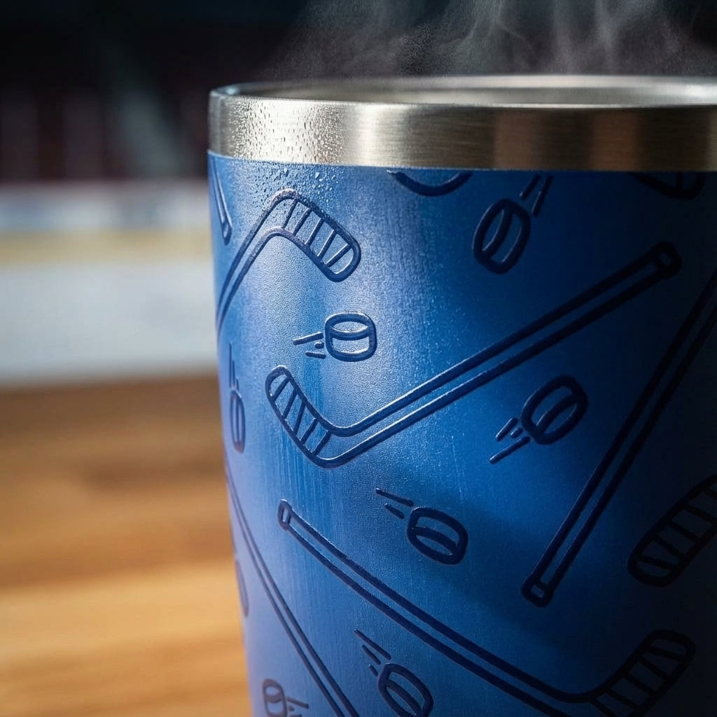Detail shot - LAMOSE Peyto Pro Enamel 12oz tumbler in blue featuring a repeating pattern of dark blue hockey sticks and speeding pucks, set against a blurred hockey rink background.