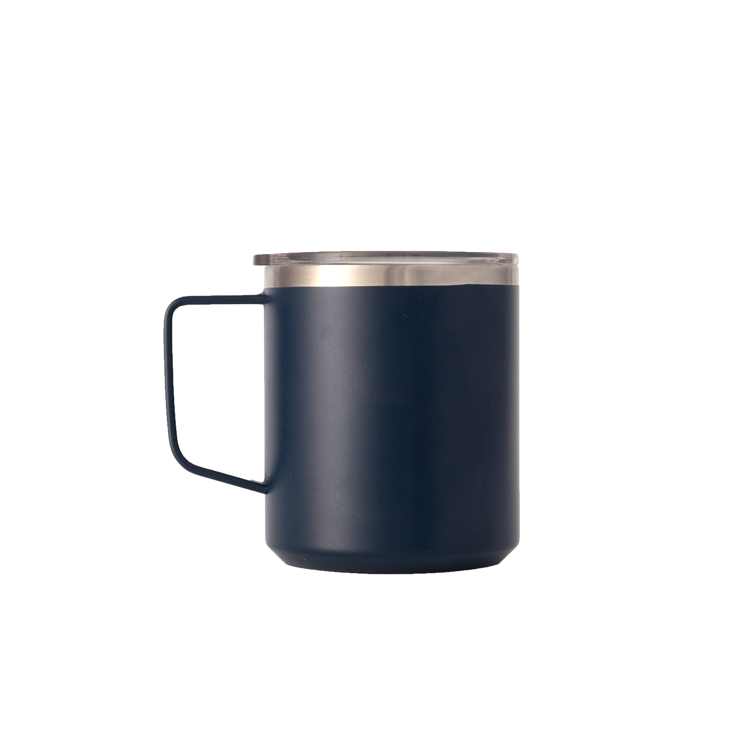 LAMOSE Hudson 12 oz insulated stainless steel mug in midnight blue, front view, with transparent lid and ergonomic handle.
