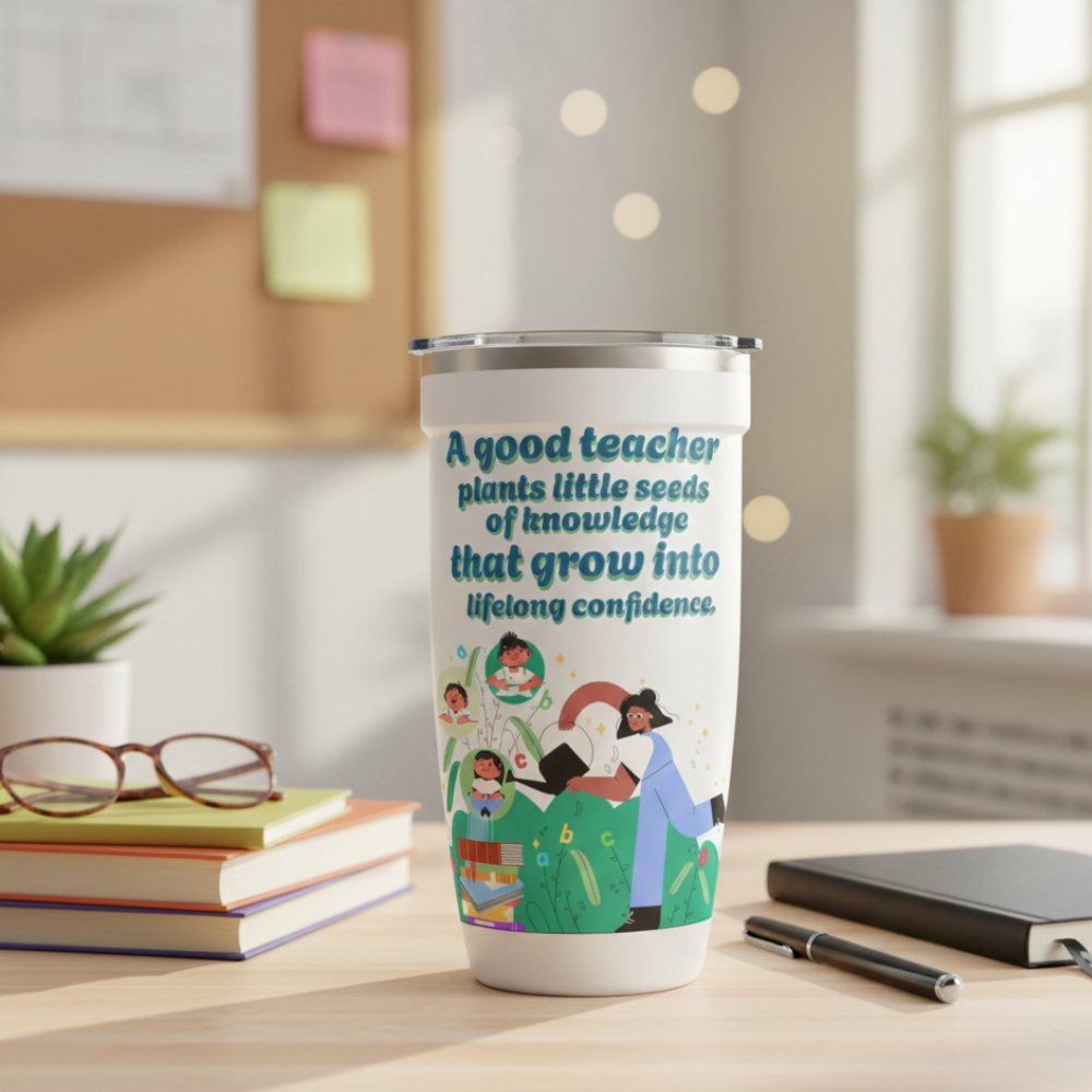 White 16oz insulated tumbler featuring an illustration of a teacher watering knowledge seeds, colorful books, and turquoise inspirational text.