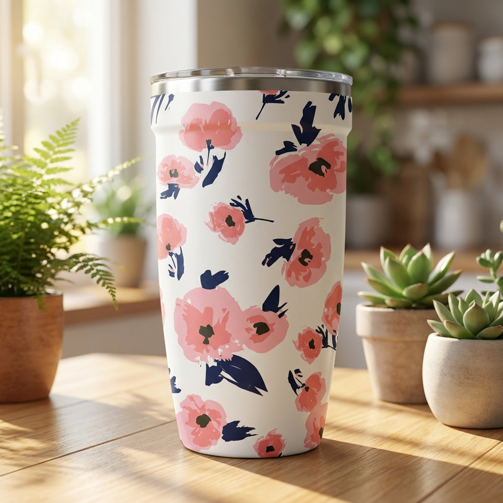 White 16oz insulated travel cup featuring a repeating pattern of pink flowers and dark blue leaves with a stainless steel rim.
