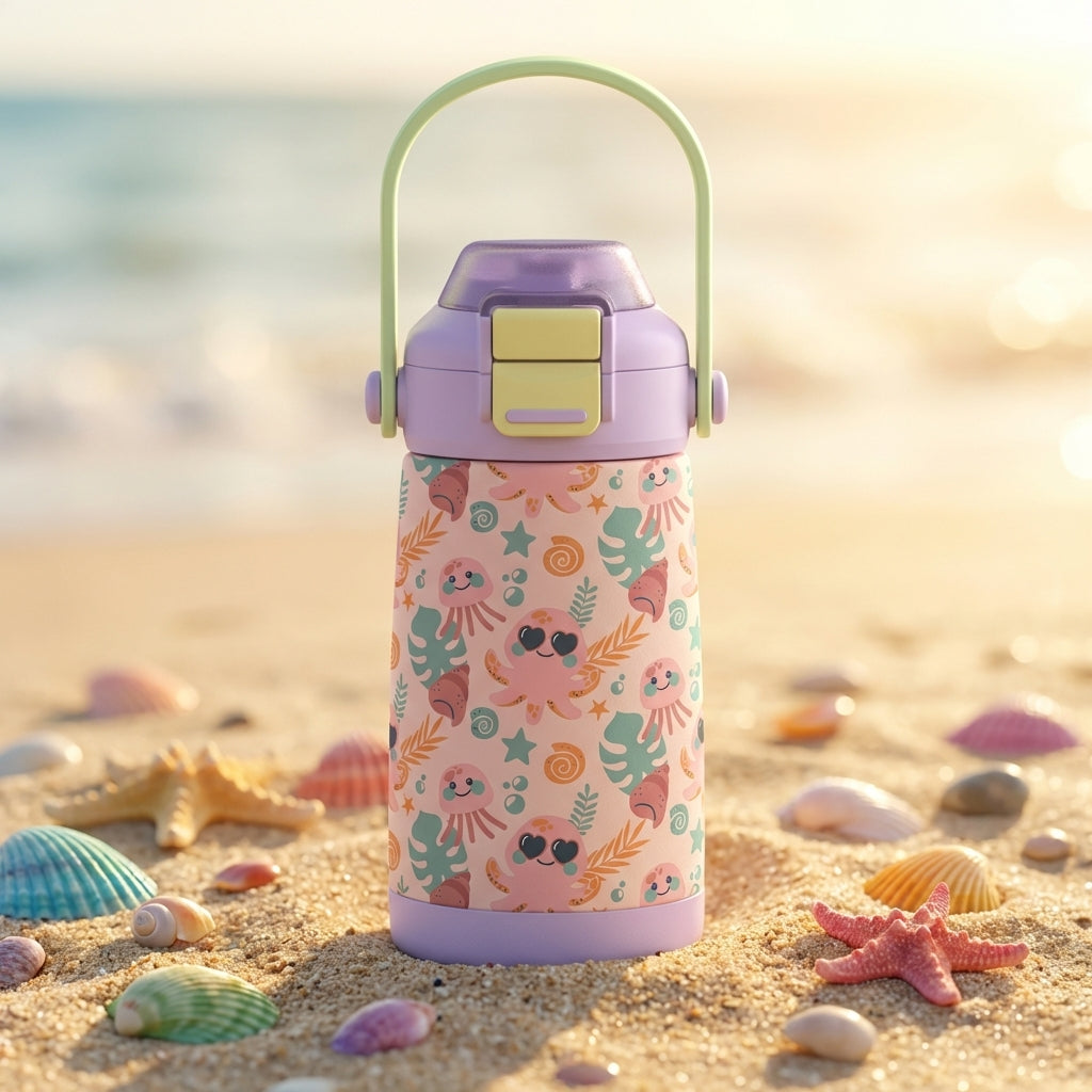 Peach colored 14oz kids water bottle featuring smiling octopuses, jellyfish, and seashells sitting on a sandy beach background.