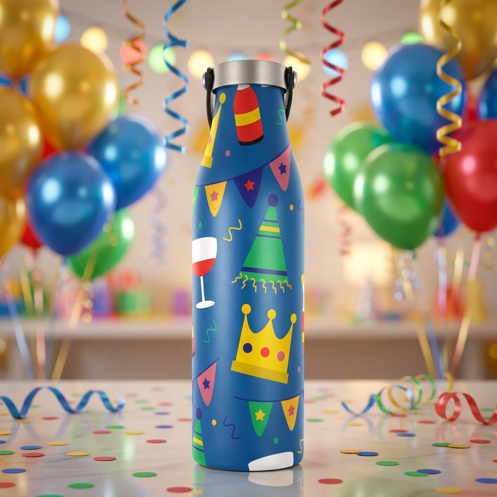 Robson 21 oz blue insulated bottle featuring a festive pattern of party hats, crowns, wine glasses, and flags on a white surface.