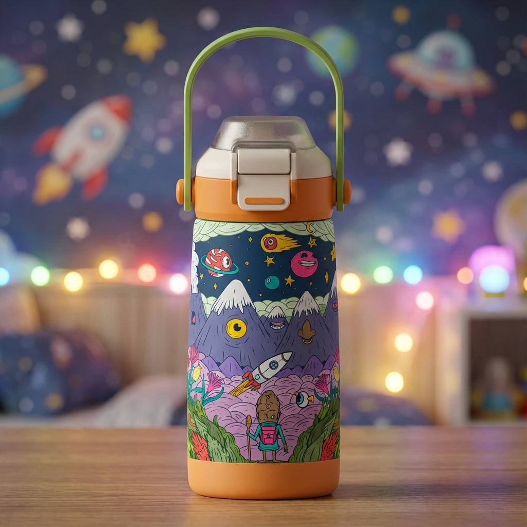 LAMOSE Goose 14oz kids water bottle with orange lid featuring a cartoon girl astronaut, rocket ship, and smiling planets against a dark blue starry sky