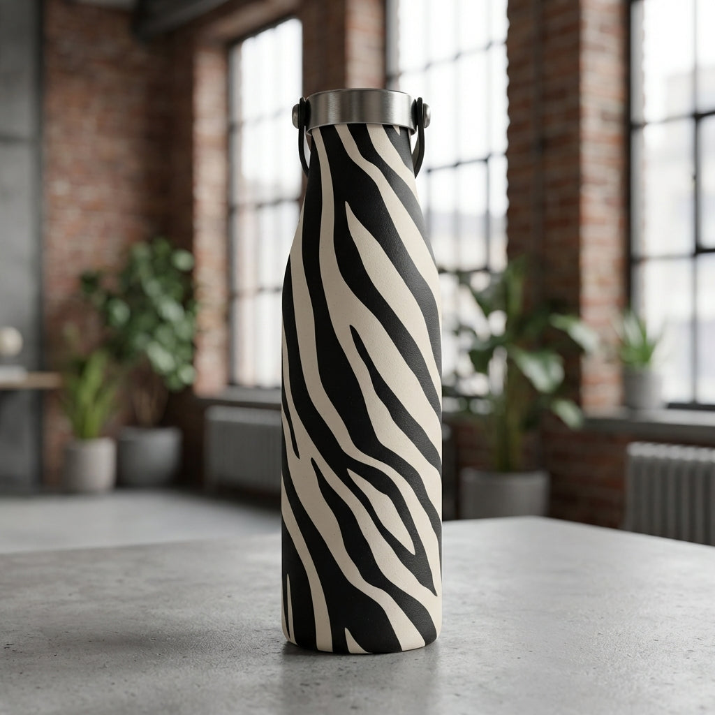 Robson 21oz water bottle featuring a black and cream zebra pattern, standing on a concrete surface in a sunlit industrial loft.