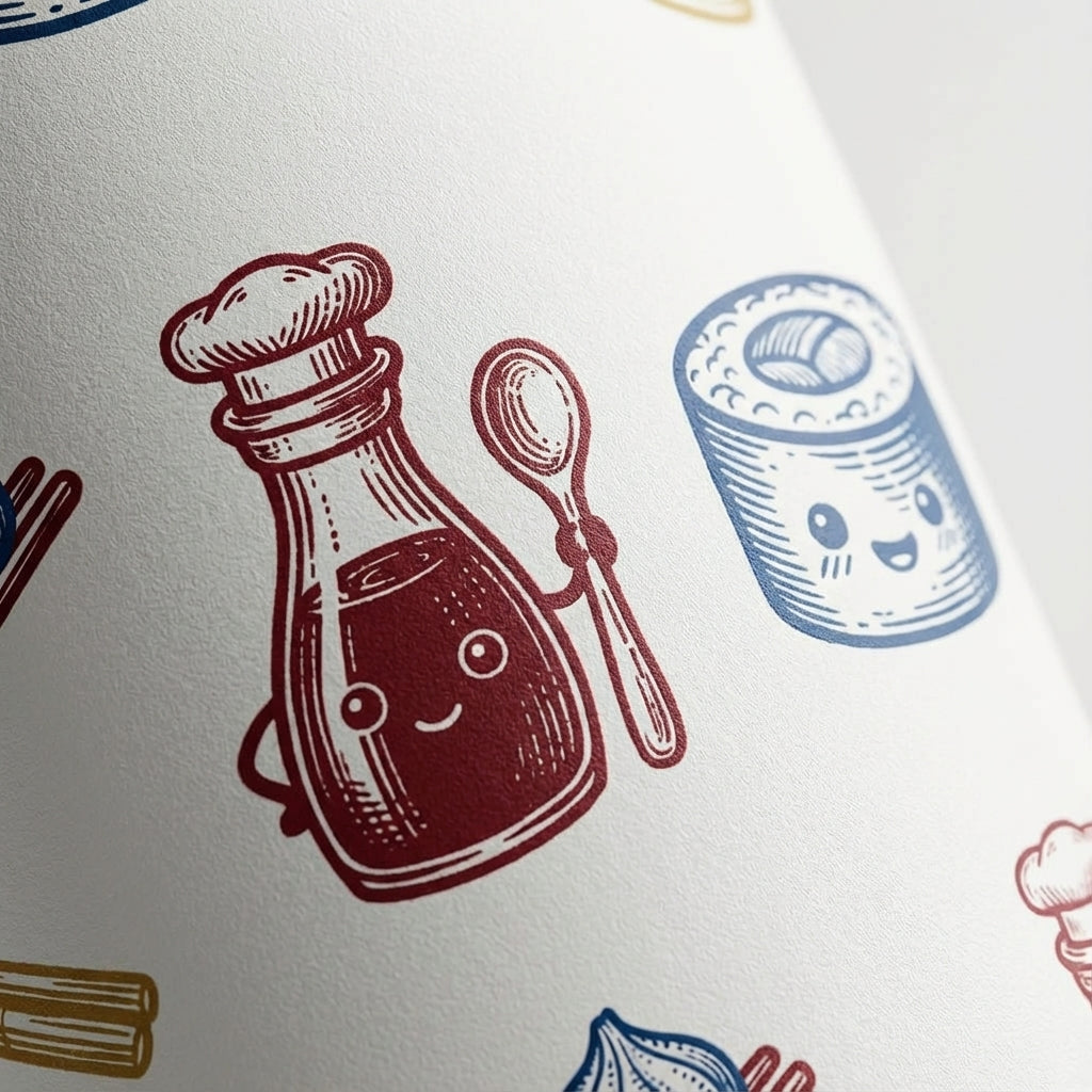 Detail shot - White LAMOSE Peyto 16oz tumbler featuring whimsical cartoon sushi rolls, soy sauce bottles, and garlic with cute smiling faces.