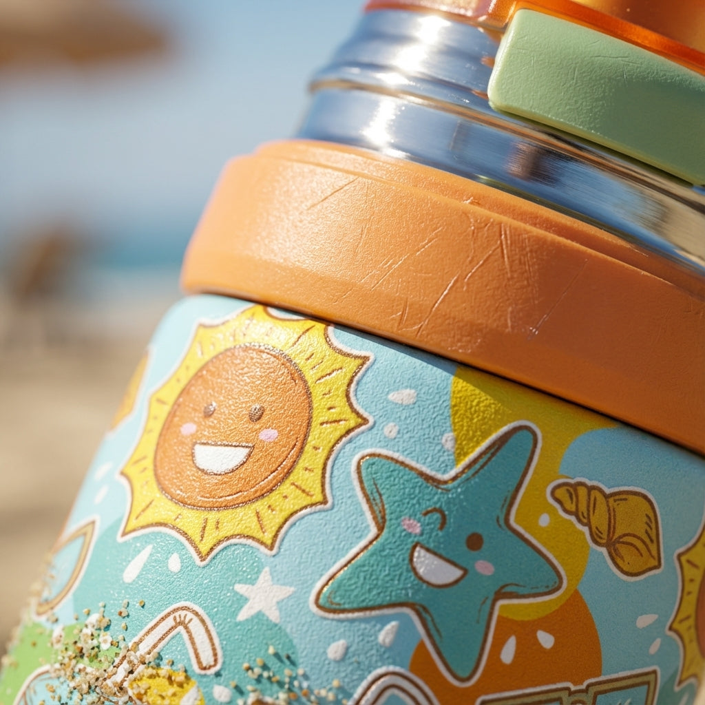 Detail shot - Light blue LAMOSE Goose 14 oz water bottle featuring cartoon suns, starfish, and coconut drinks with an orange and green flip-top lid.
