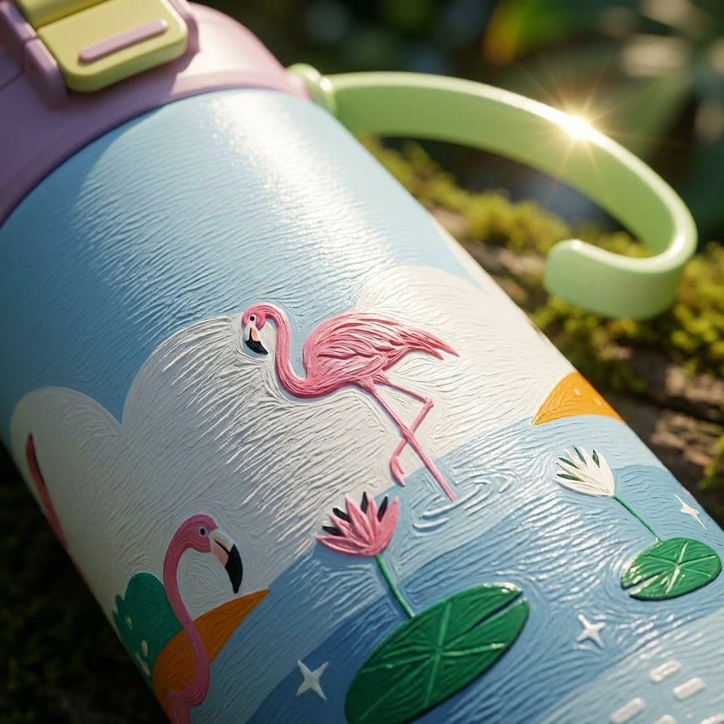 Detail shot - LAMOSE Goose 14 oz kids water bottle featuring pastel blue body with pink flamingo pattern, pink base and top, and light green handle.
