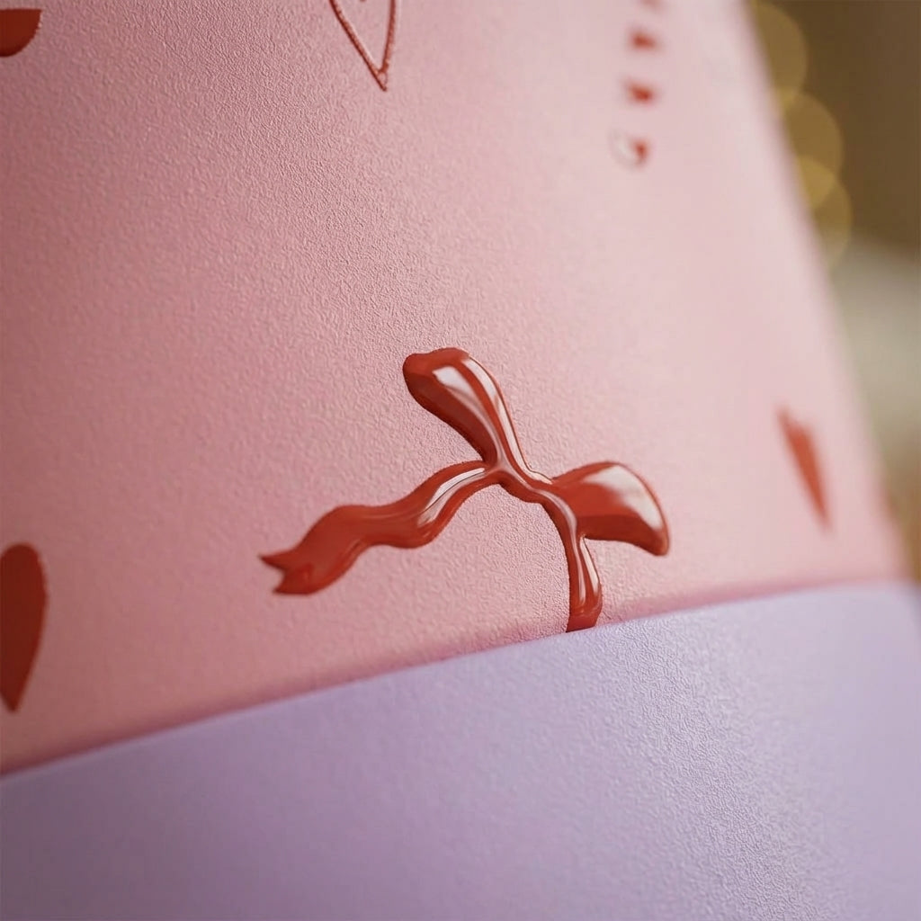Detail shot - Pink LAMOSE Goose 14 oz kids water bottle with red hearts, bows, and candy cane pattern, lavender silicone boot, and green handle, set against a blurry Christmas tree background.