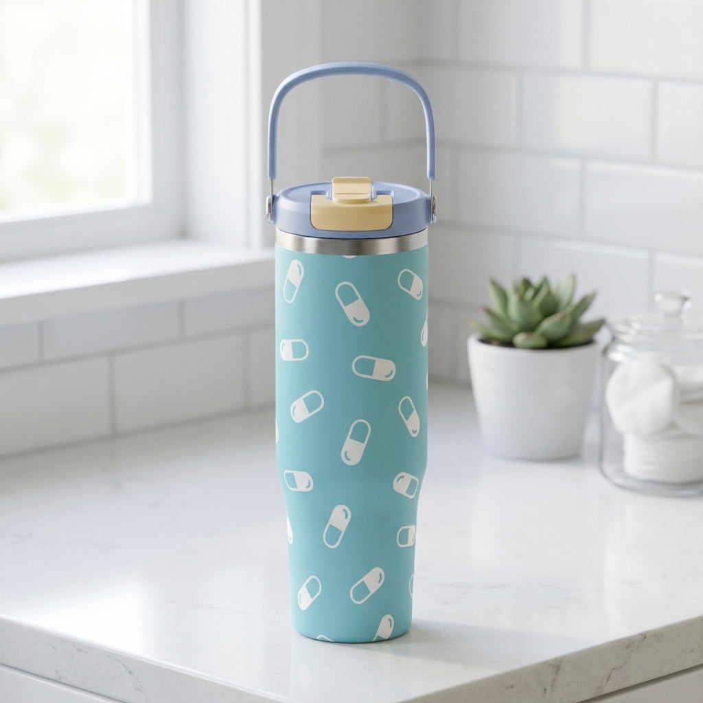 Light blue Cascade 40oz tumbler featuring a playful white medical pill pattern, standing on a clean surface.