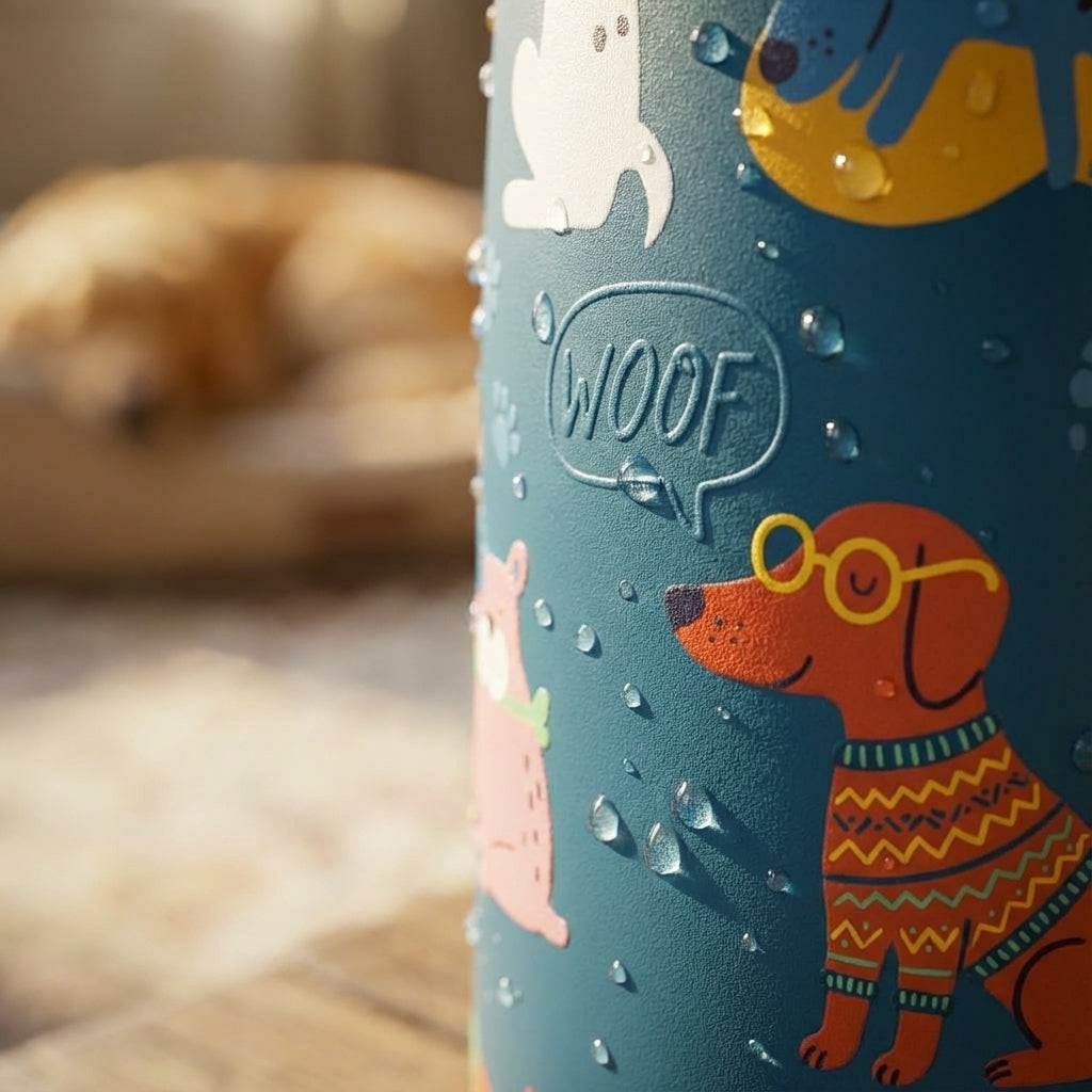 Detail shot - Blue LAMOSE Goose 14oz kids water bottle featuring colorful dog illustrations, paw prints, and 'WOOF' text standing on a wooden surface.