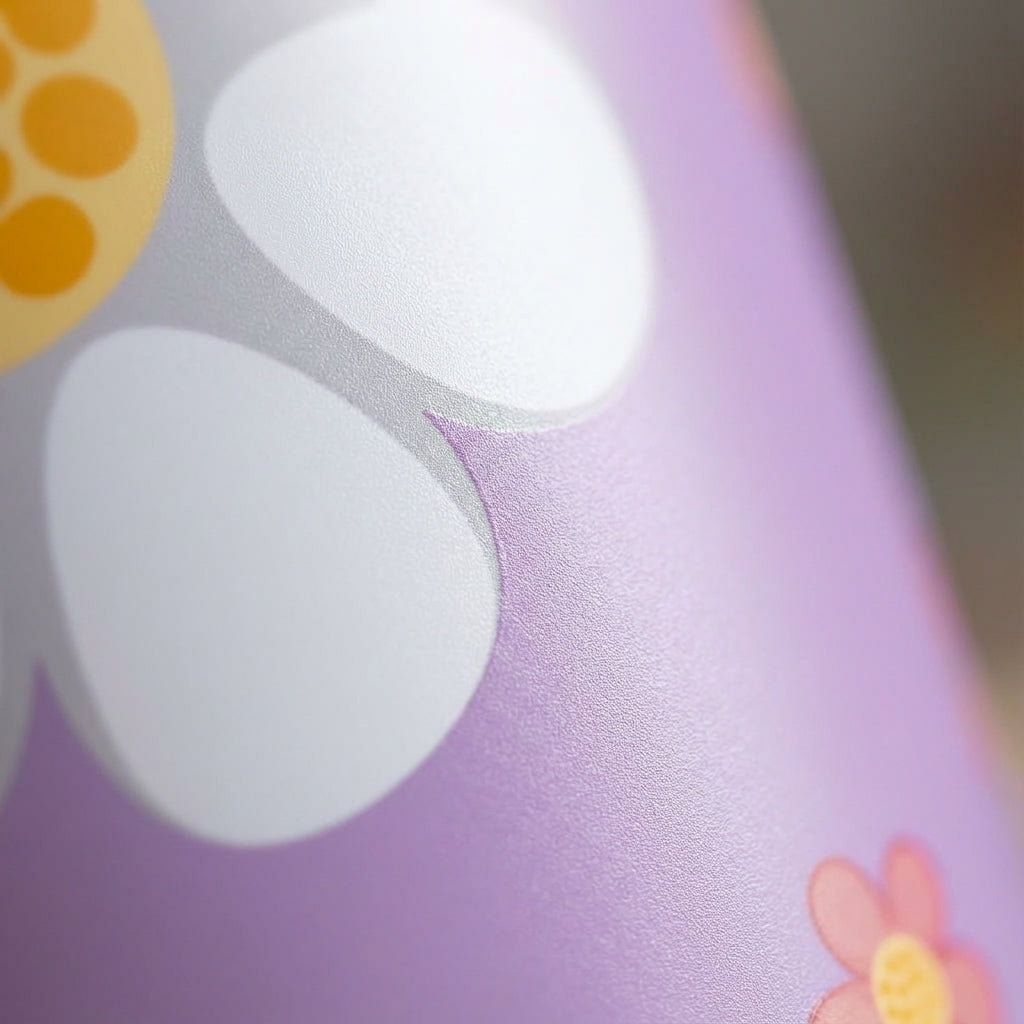 Detail shot - Grouse 12 oz insulated tumbler featuring a light purple background with a white and pink daisy floral pattern and a black leakproof lid