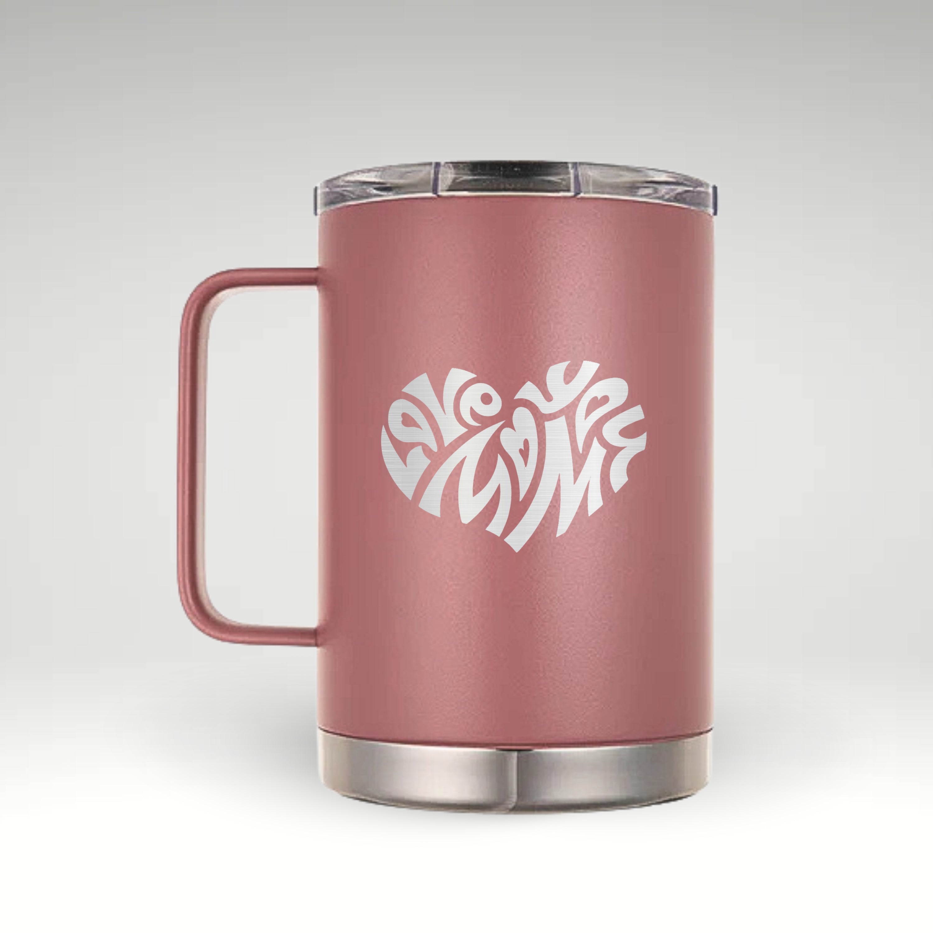 Dusty Pink (Rose gold) insulated mug featuring a heart-shaped "Love You Mom" engraving, a perfect heartfelt gift for moms. #color_dusty-pink