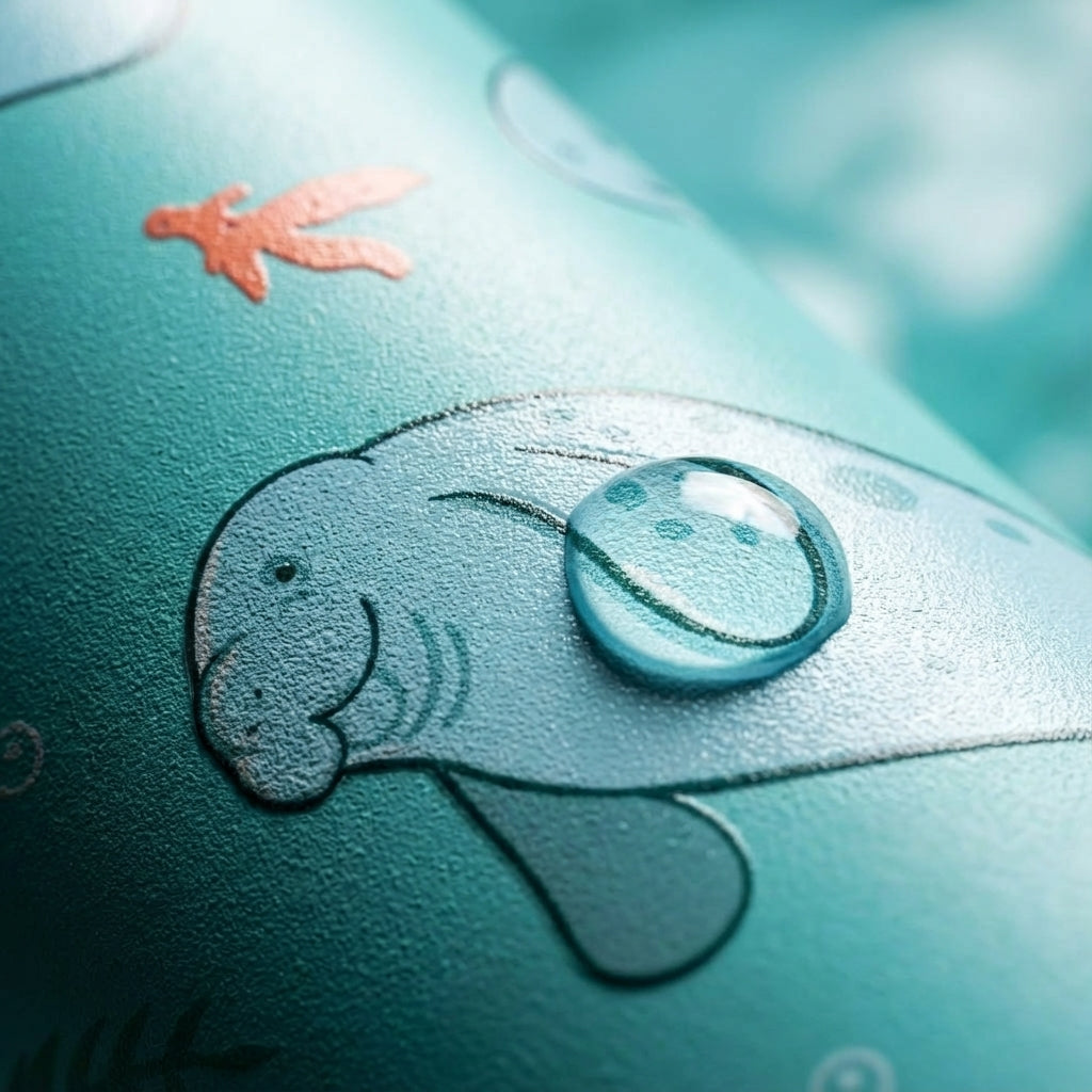 Detail shot - Light teal LAMOSE Grouse 34oz water bottle featuring a playful pattern of cartoon manatees, seaweed, orange fish, and bubbles.