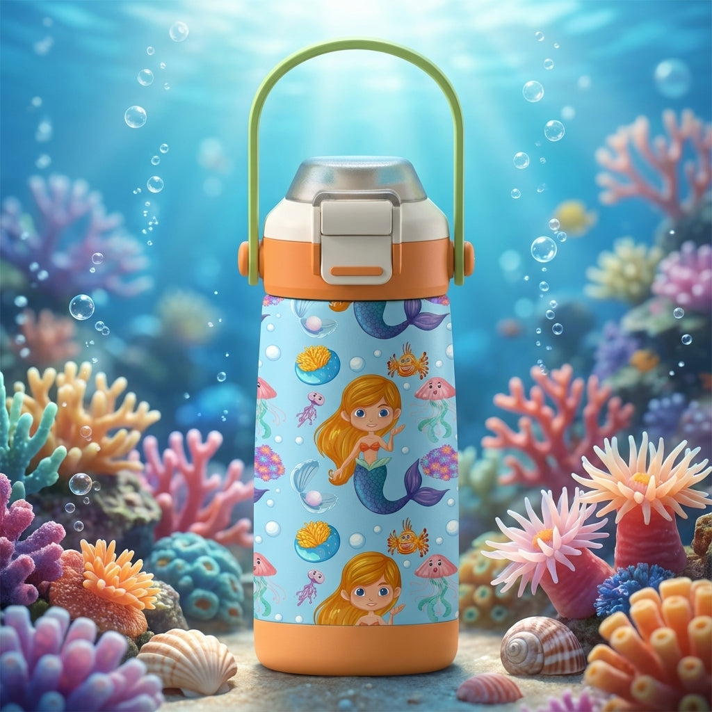 LAMOSE Goose 14oz kids water bottle featuring a playful pattern of cartoon mermaids, jellyfish, and coral on a blue background with orange and green accents.