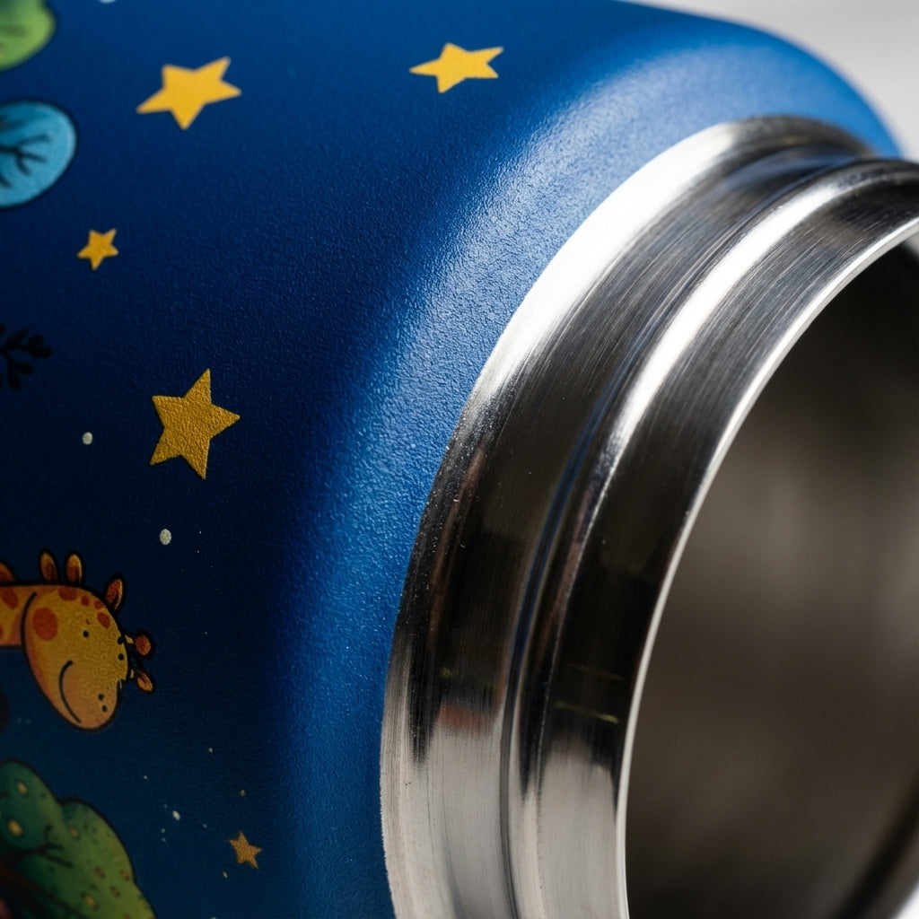 Detail shot - LAMOSE Goose 14 oz kids water bottle featuring a midnight blue background with illustrations of a giraffe, elephant, and stars under a night sky.