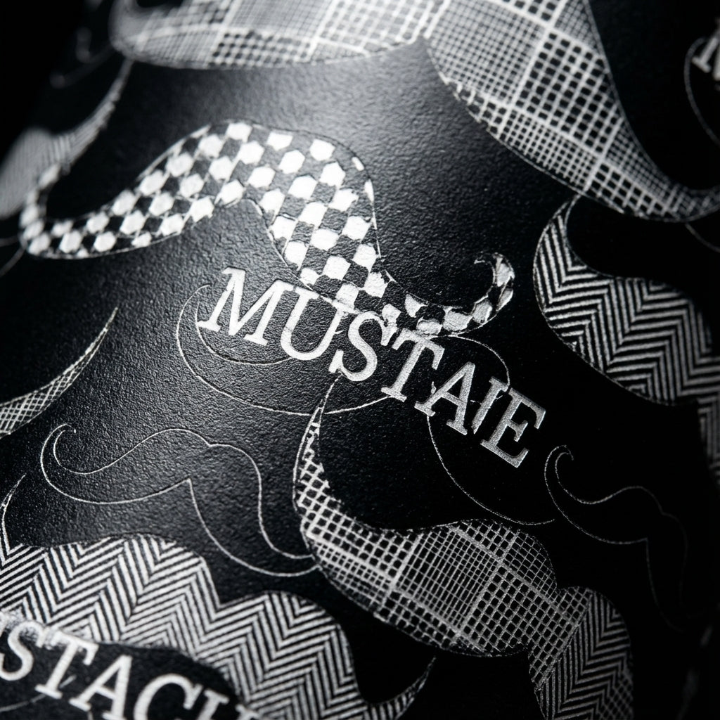 Detail shot - Black 16oz travel tumbler featuring white illustrated mustache patterns standing on a wooden desk next to gold sunglasses, a black pen, and a brown notebook.