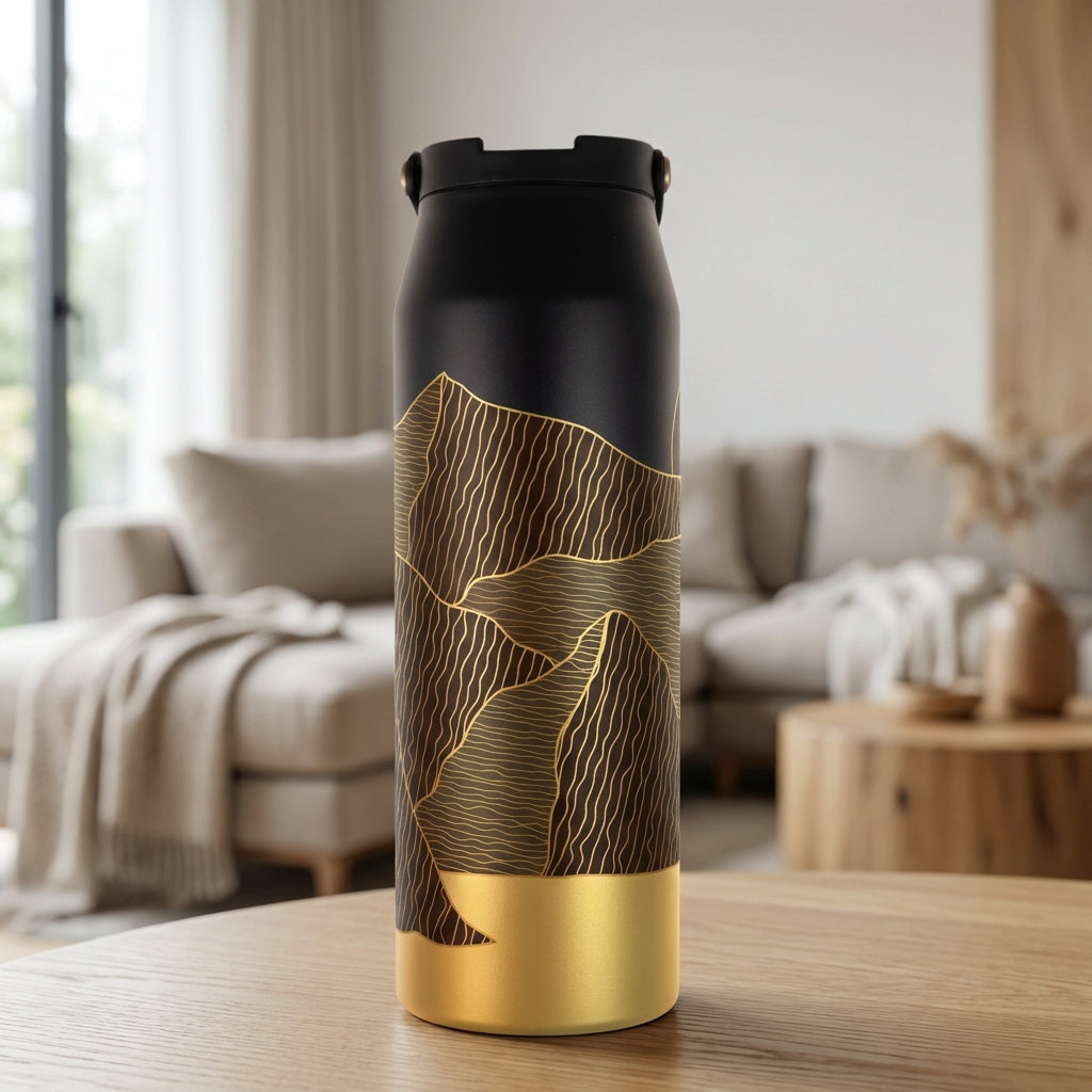 LAMOSE Grouse 34 oz insulated tumbler featuring a matte black top transitioning into abstract golden mountain lines and a shiny gold base