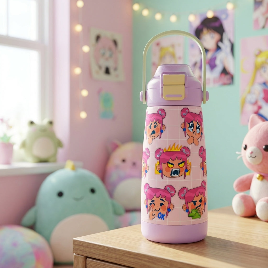 LAMOSE Goose 14oz kids water bottle featuring cute cartoon anime girl faces with different emotions on a pink grid background with purple lid.